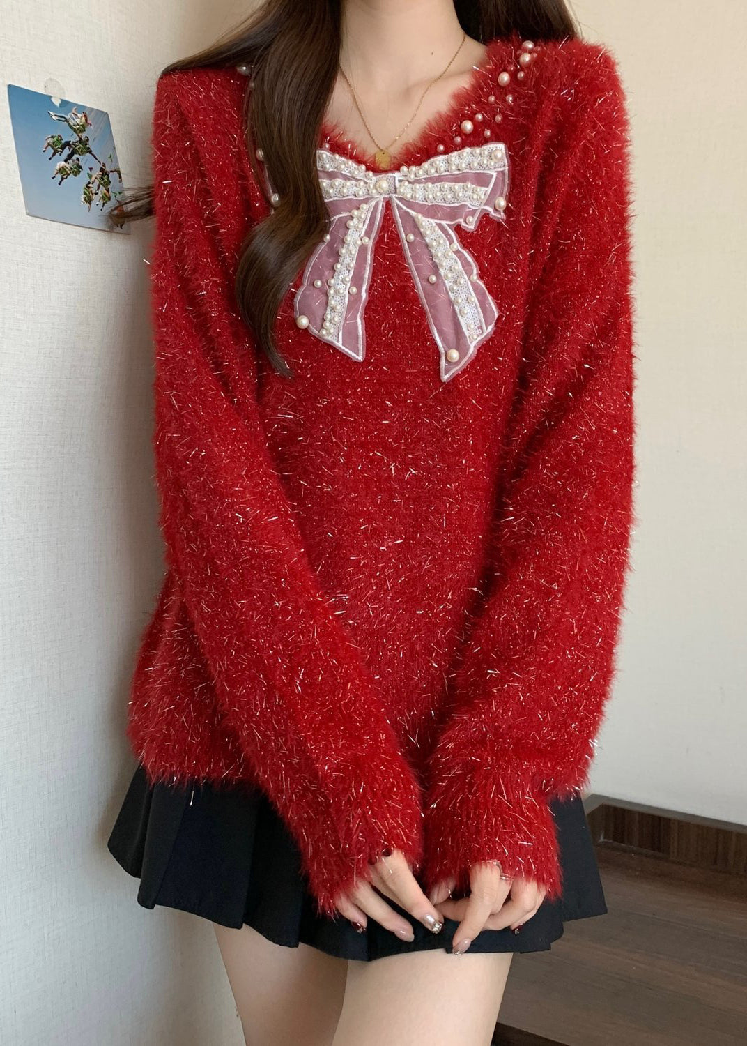 Französische rote Schleife Nagelperle Neujahr Strickpullover Winter RG030