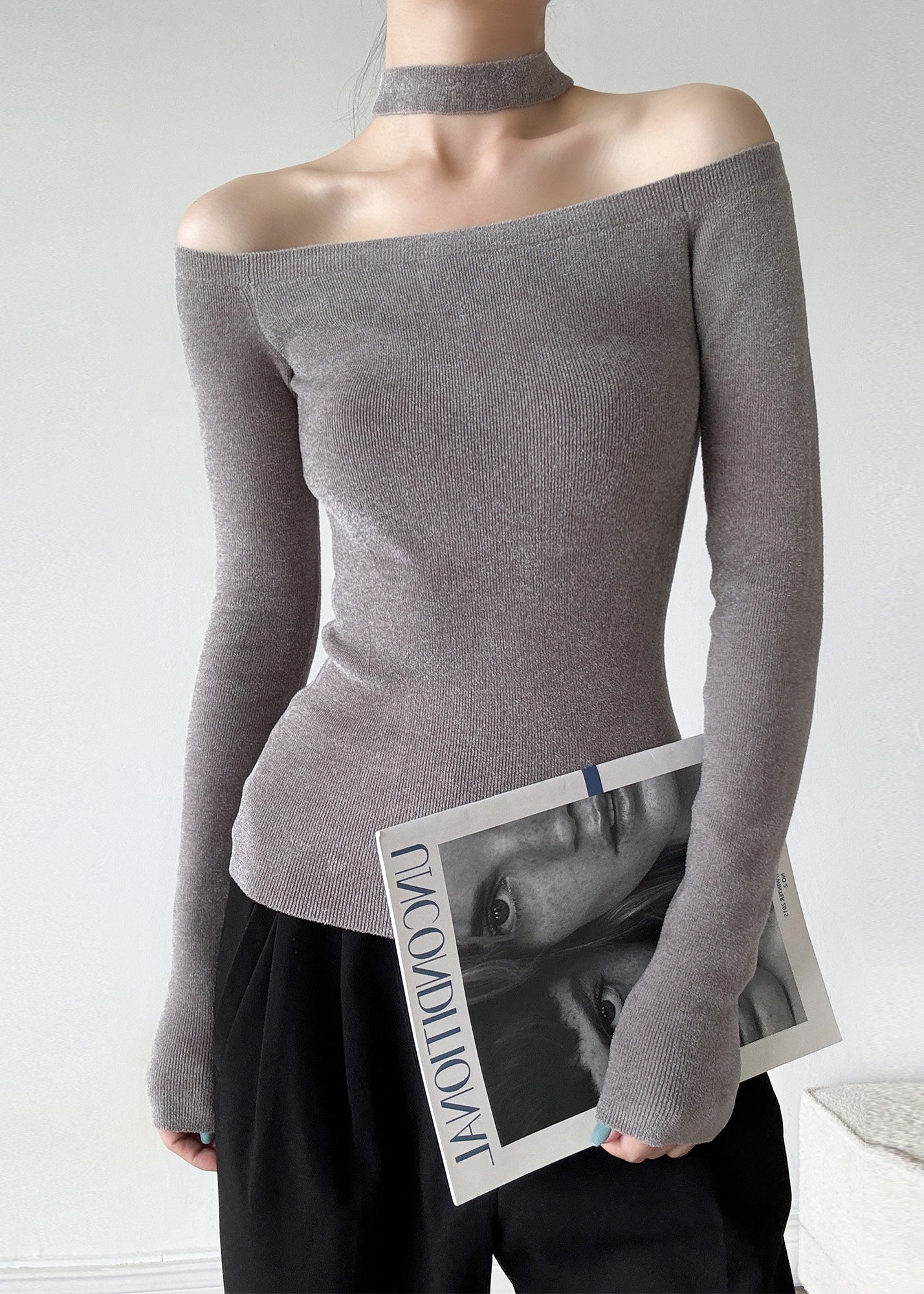 Pull en tricot rouge français à épaules dénudées et dos nu, printemps TY031