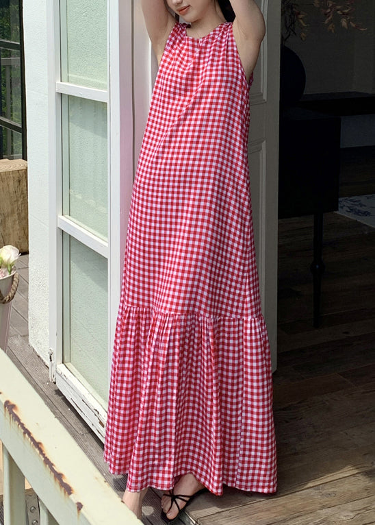 Kleid Falten Ärmellos Baumwolle Plaid Französisch Maxi Rot