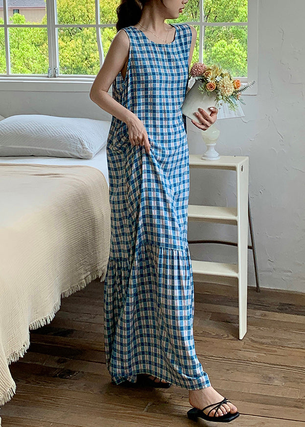 Kleid Falten Ärmellos Baumwolle Plaid Französisch Maxi Rot