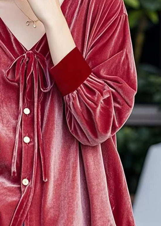 Französisches rotes V-Ausschnitt-Sweatshirt mit Schnürung und Knopfleiste, Herbst-Top WP044