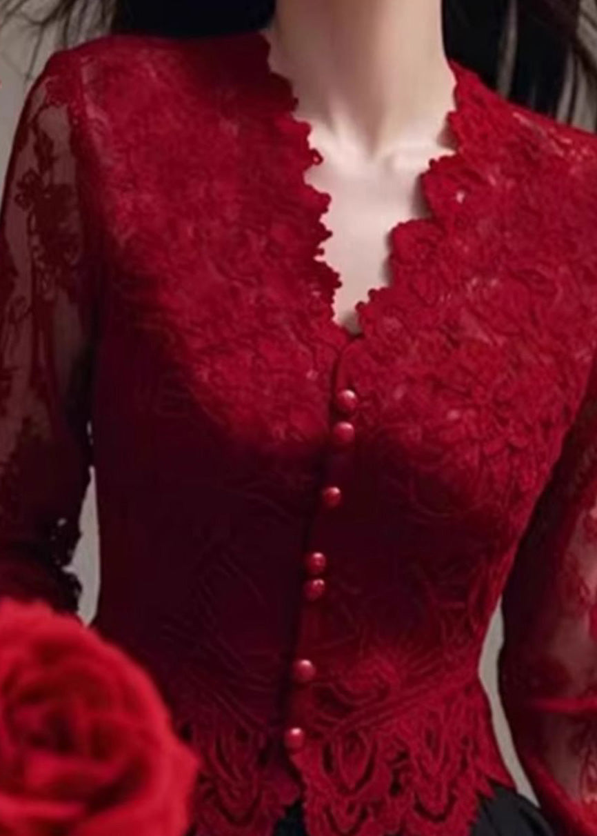 Fit Frühling Hals Tops Spitze Shirt Slim V Rot Französisch