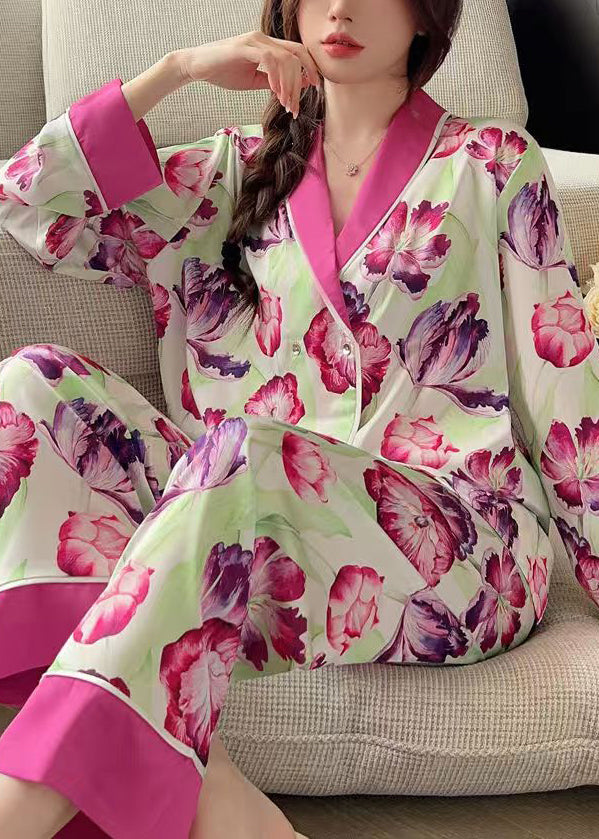 French Rose Peter Pan Kragen Print Ice Silk Pyjamas 2-teiliges Outfit Frühling YK018