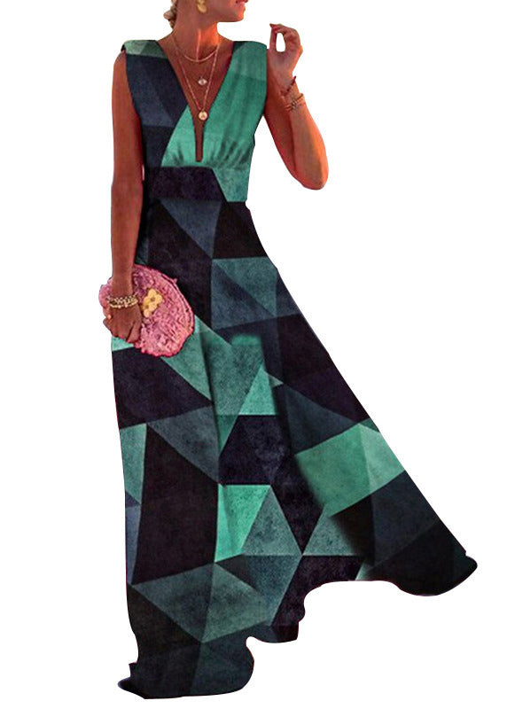 French Rose V-Ausschnitt Patchwork Chiffon Langes Kleid Ärmellos TH042