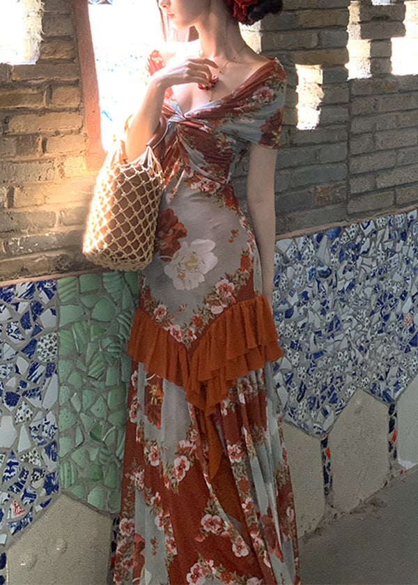 Patchwork Langes Französisches Sommerkleid Aus Baumwolle Mit Rüschen