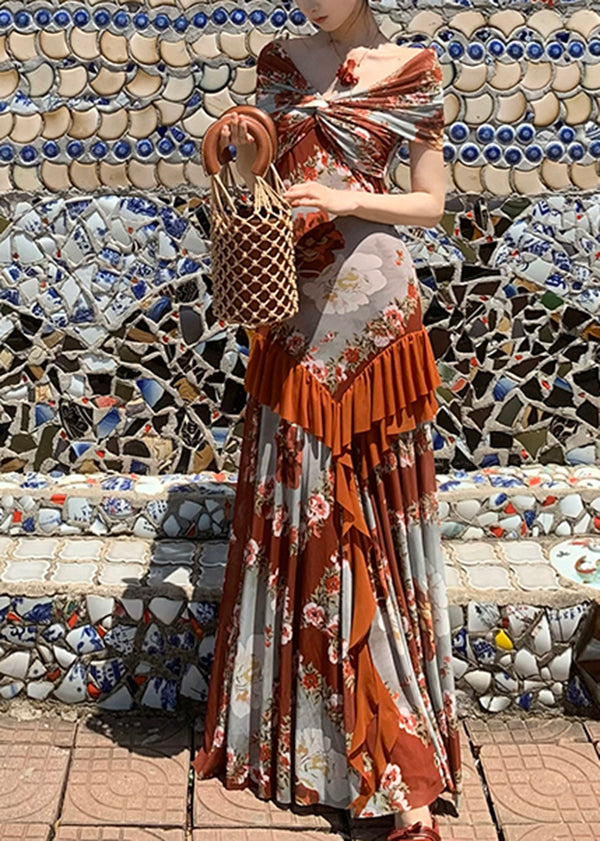 Patchwork Langes Französisches Sommerkleid Aus Baumwolle Mit Rüschen