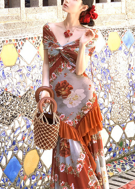 Patchwork Langes Französisches Sommerkleid Aus Baumwolle Mit Rüschen