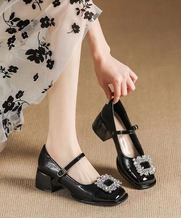 French Splicing Buckle Strap Zircon Chunky Heel Black Faux Leather DD1042