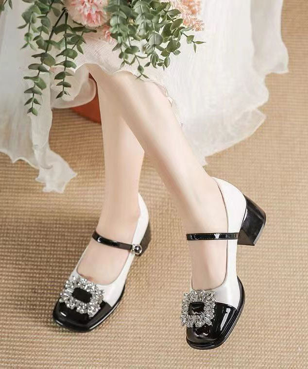 French Splicing Buckle Strap Zircon Chunky Heel Black Faux Leather DD1042