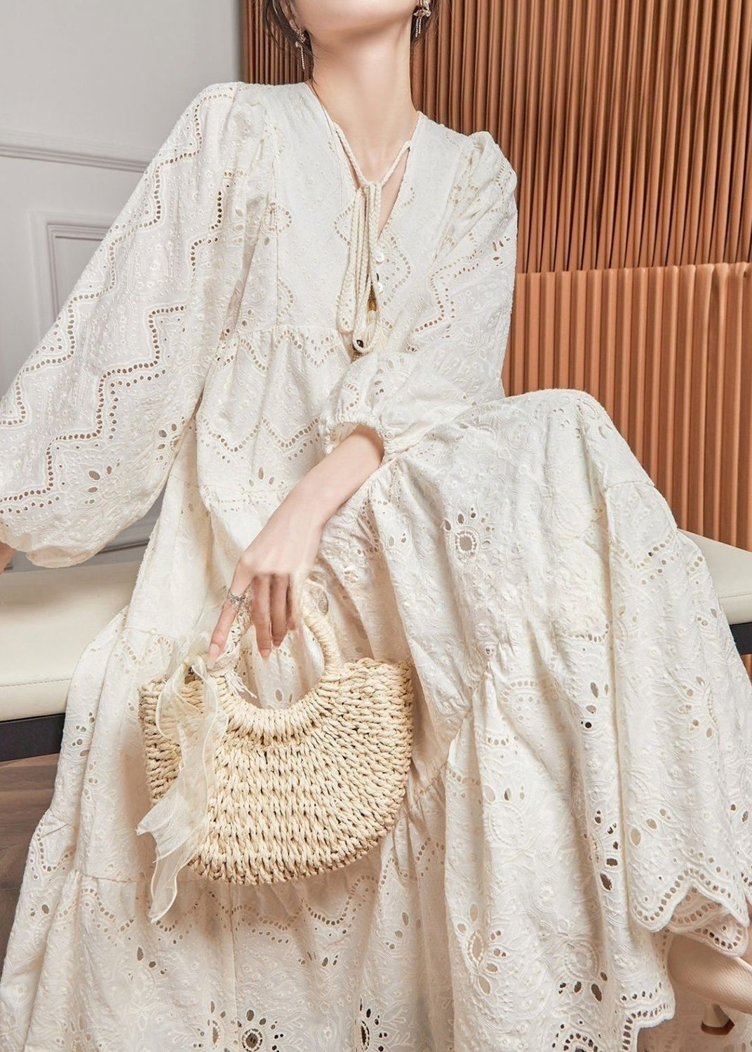 French Style Beige V Neck Hollow Out Cotton Dresses Lantern Sleeve YZ021