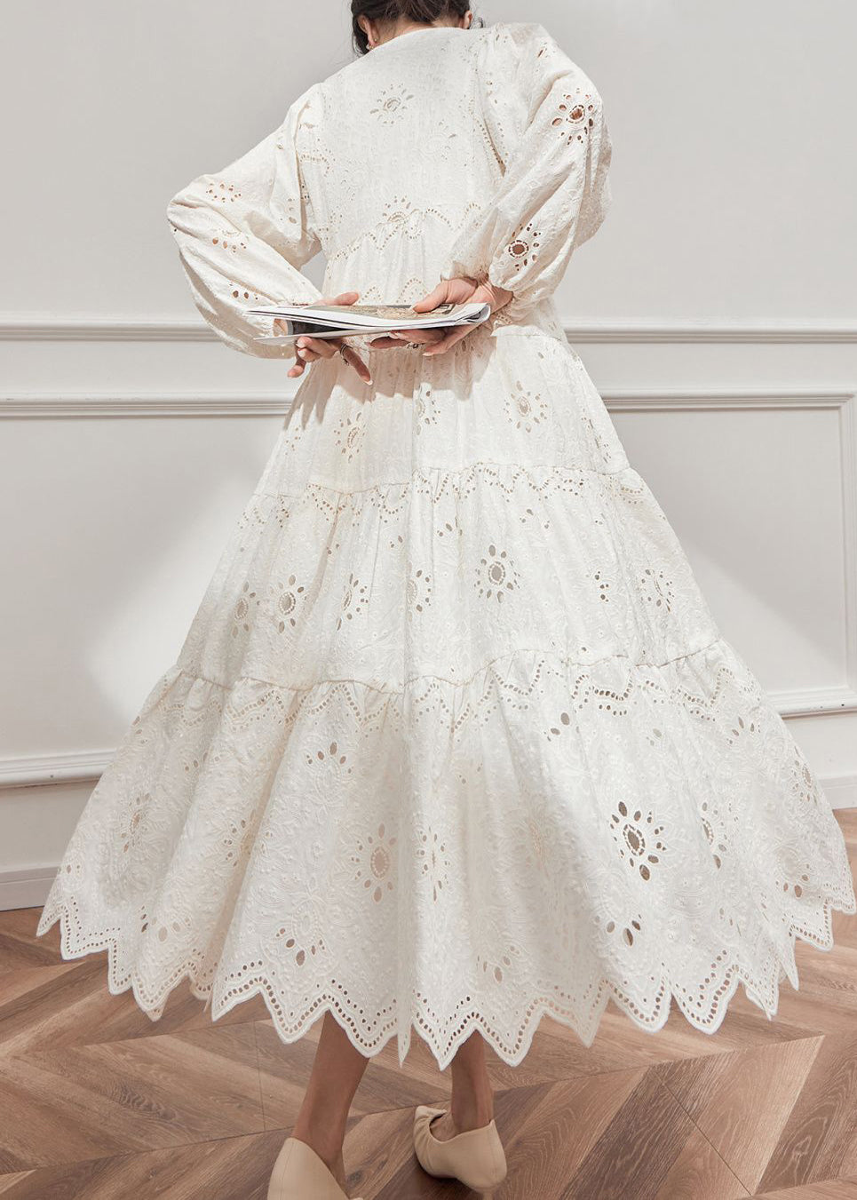 French Style Beige V Neck Hollow Out Cotton Dresses Lantern Sleeve YZ021