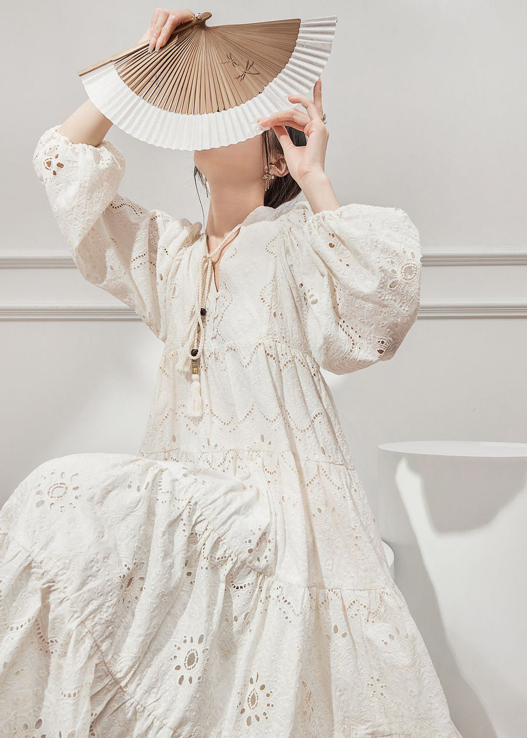 French Style Beige V Neck Hollow Out Cotton Dresses Lantern Sleeve YZ021