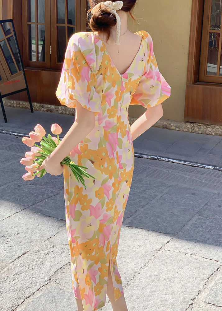 French V Neck Print Side Open Cotton Long Dress Summer XX050