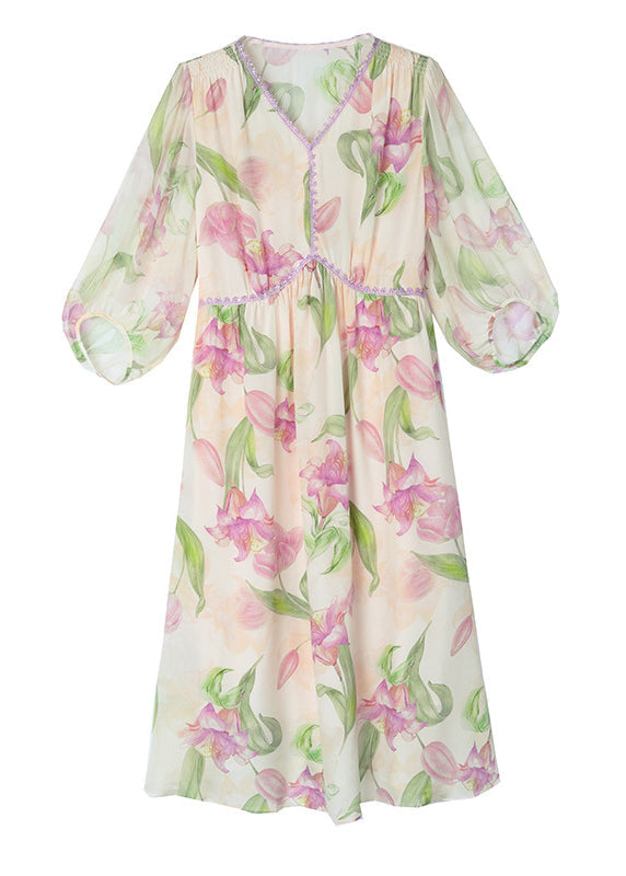 Französisches Seidenkleid mit V-Ausschnitt und Laternenärmeln BB013