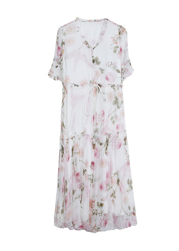 Französisches Seidenkleid mit V-Ausschnitt, Rüschendruck und Schnürung, Sommer BB021