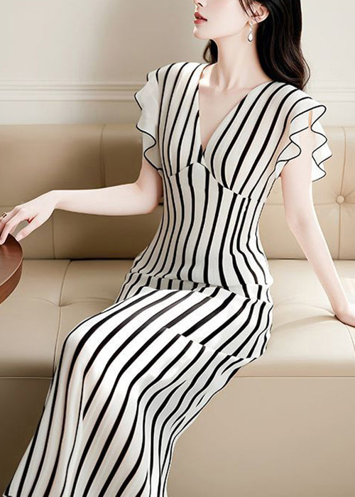Hohe Taille Chiffon Sommerkleid V Französisch Gestreiften Hals