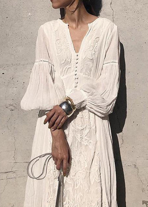 Laterne Lange Hohe Bestickte Kleid Taille Weiß Ärmel