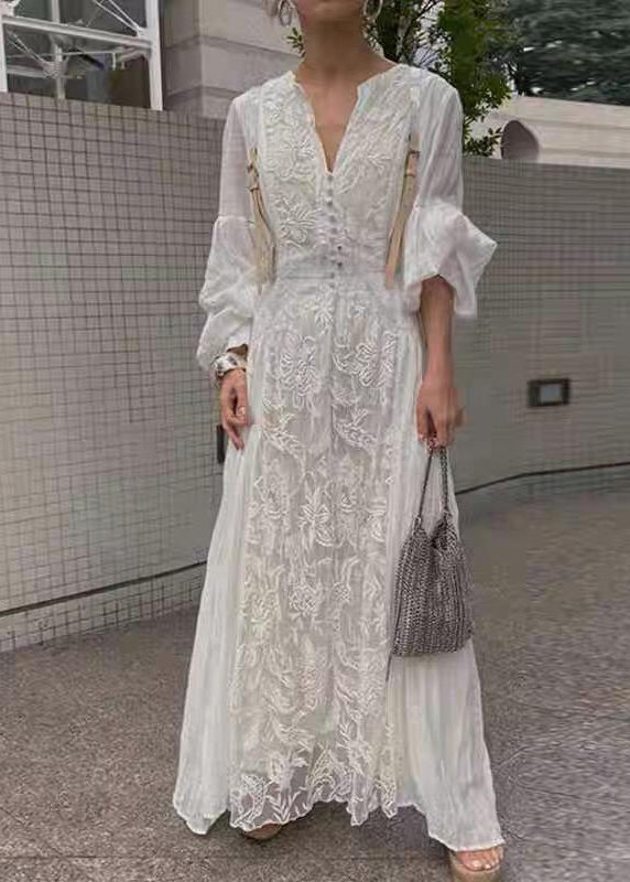 Laterne Lange Hohe Bestickte Kleid Taille Weiß Ärmel