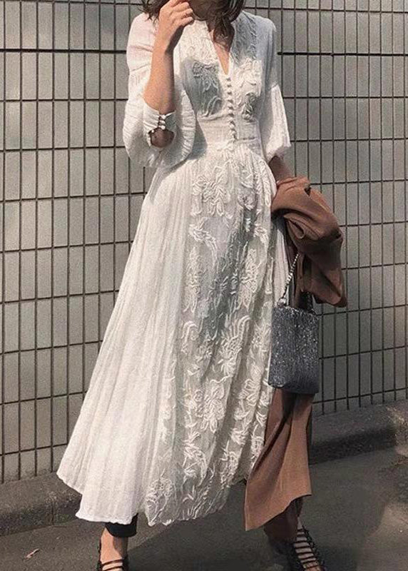 Laterne Lange Hohe Bestickte Kleid Taille Weiß Ärmel