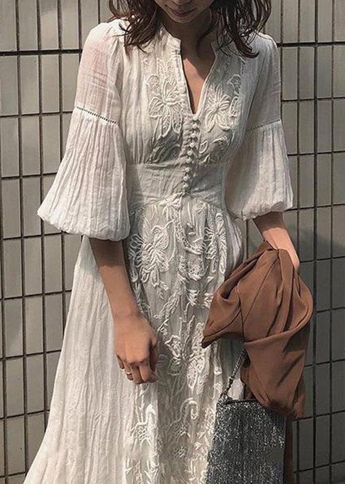 Laterne Lange Hohe Bestickte Kleid Taille Weiß Ärmel