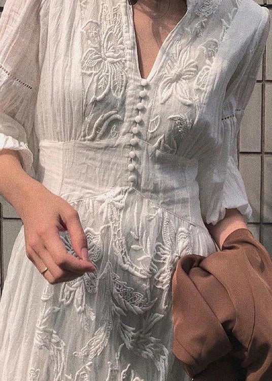 Laterne Lange Hohe Bestickte Kleid Taille Weiß Ärmel