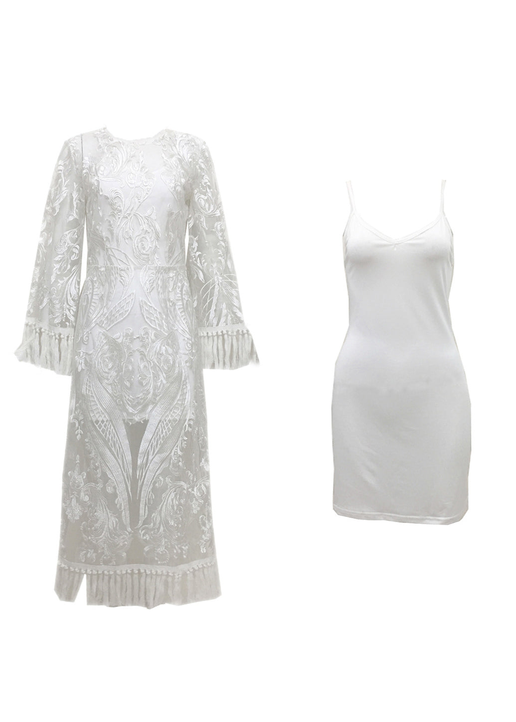 Französisches weißes besticktes Spitzenkleid mit Quasten, zweiteiliges Set, Herbst QR015