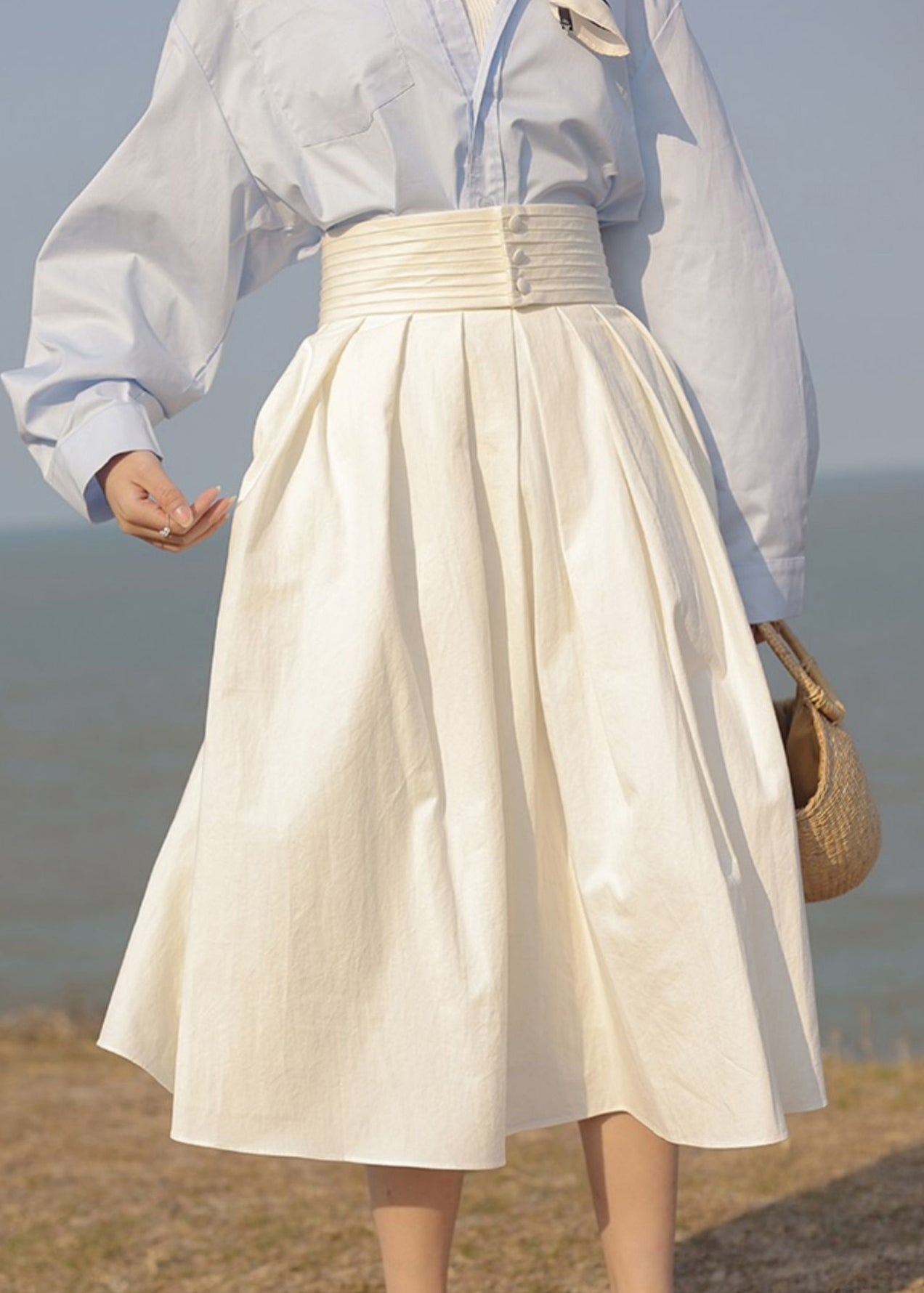Jupe patchwork en coton blanc taille haute avec poches, automne AH343