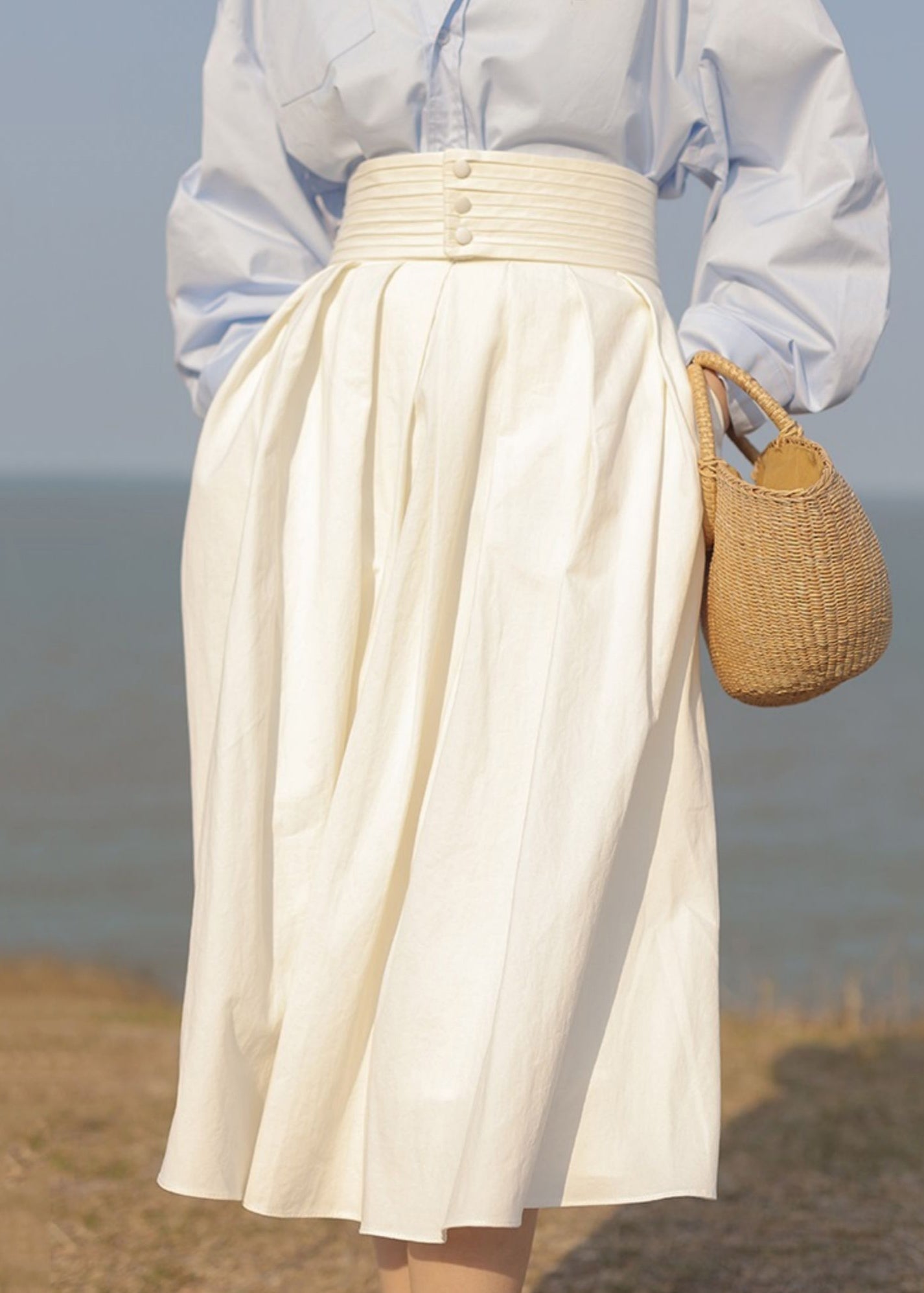 Jupe patchwork en coton blanc taille haute avec poches, automne AH343