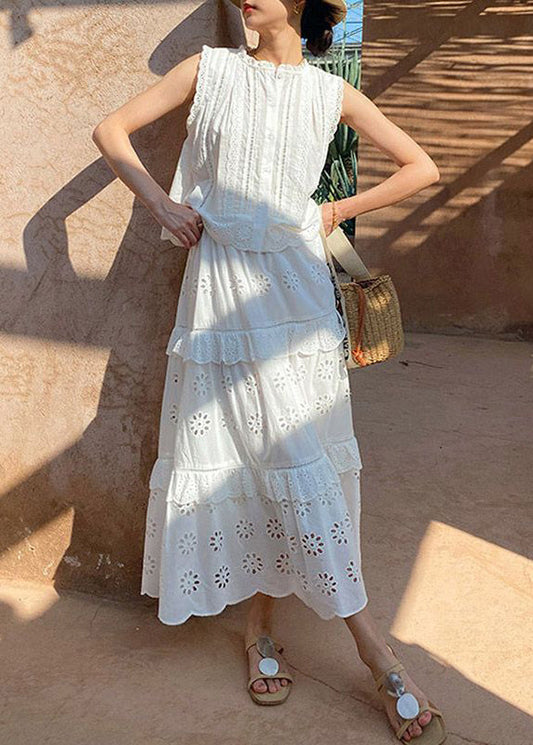 Zwei Out Hollow und Blusen Französisch Baumwolle Stücke Röcke Set Weiß