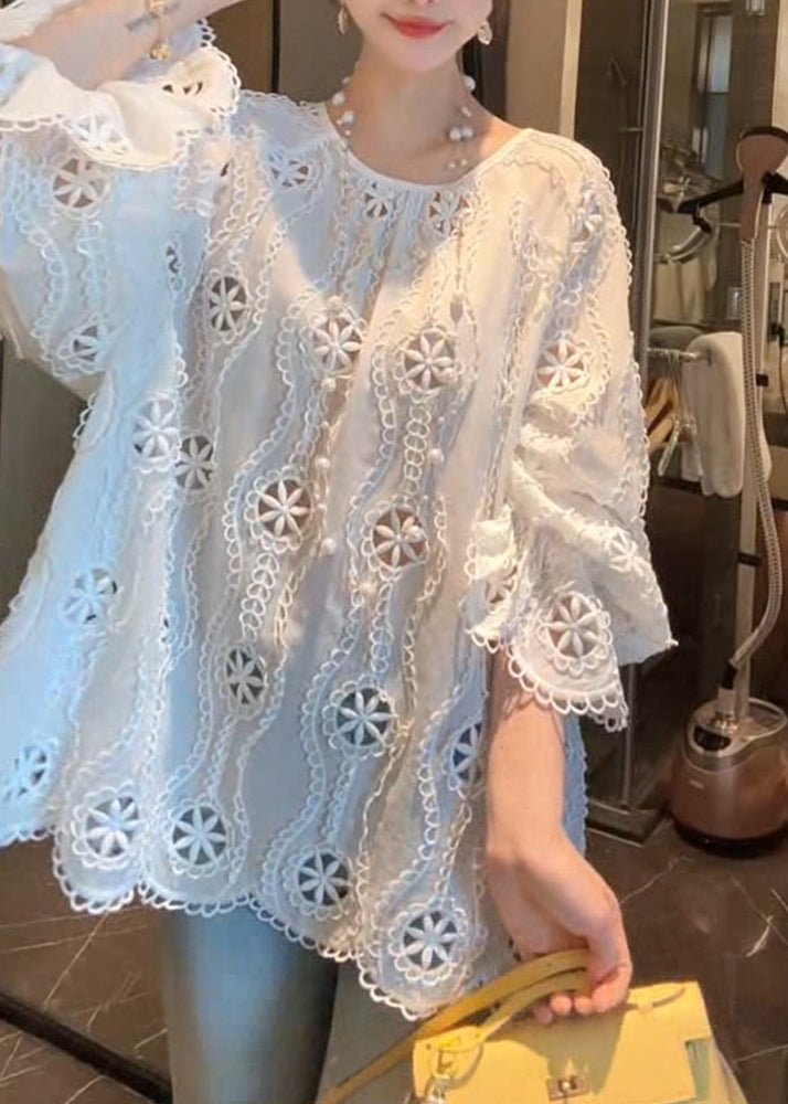 French Hollow White Out Sleeve Cotton Flare Shirt O Neck