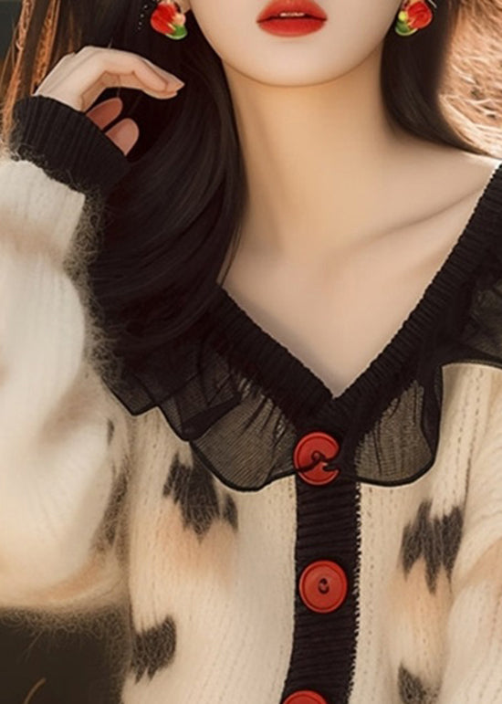 Französische weiße Strickjacken mit Rüschendruck und Knopfleiste, Frühling TN031