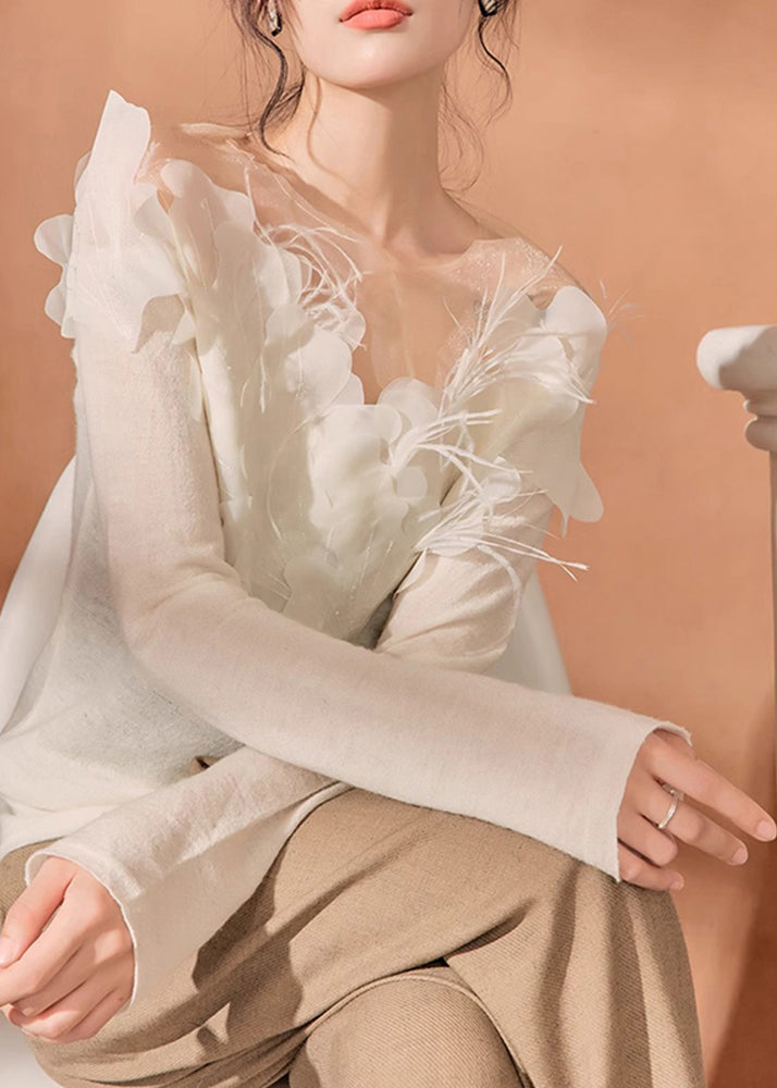 Französische weiße Tüll-Patchwork-Strickoberteile Herbst QA007