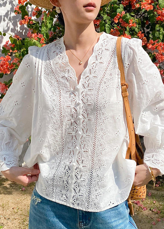 Chemise à col français brodée blanche en V, en coton, printemps