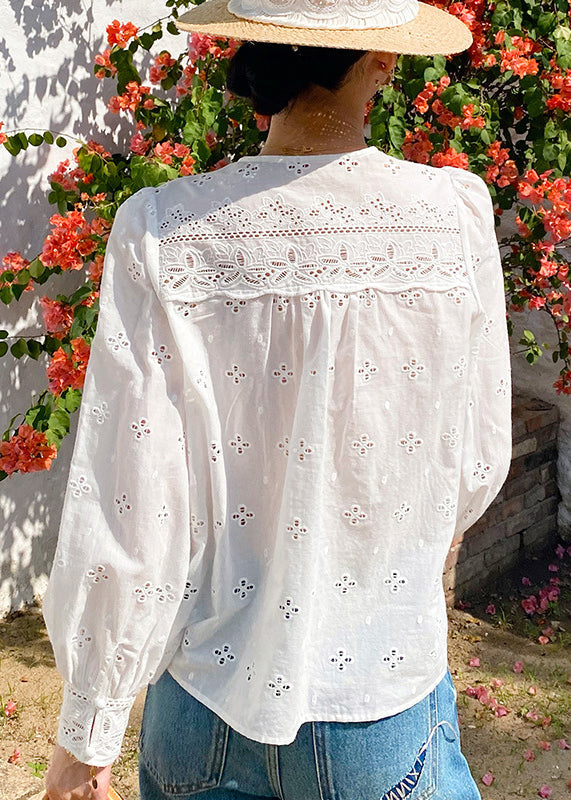 Chemise à col français brodée blanche en V, en coton, printemps