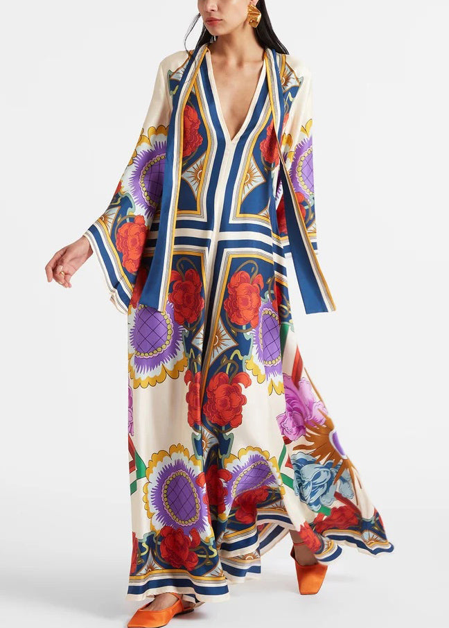 Neck Up Französisch Baumwolle Kleider Maxi Frühling Druck V Spitze Weiß