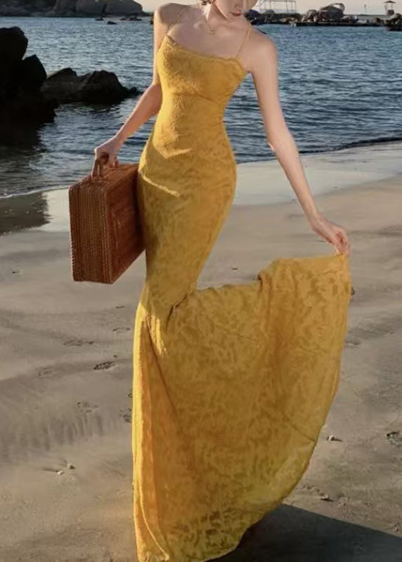 Kleid Print Französisch Gelb Maxi Spaghettiträger Fischschwanz