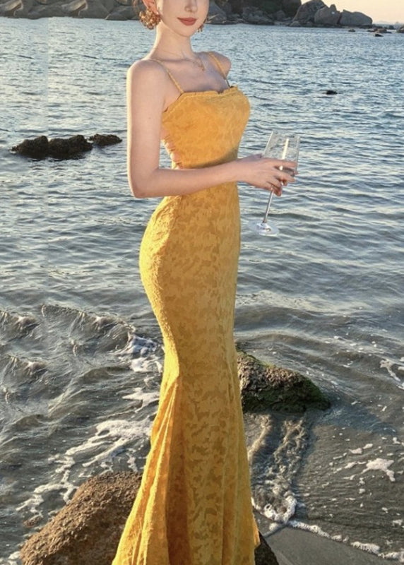 Kleid Print Französisch Gelb Maxi Spaghettiträger Fischschwanz