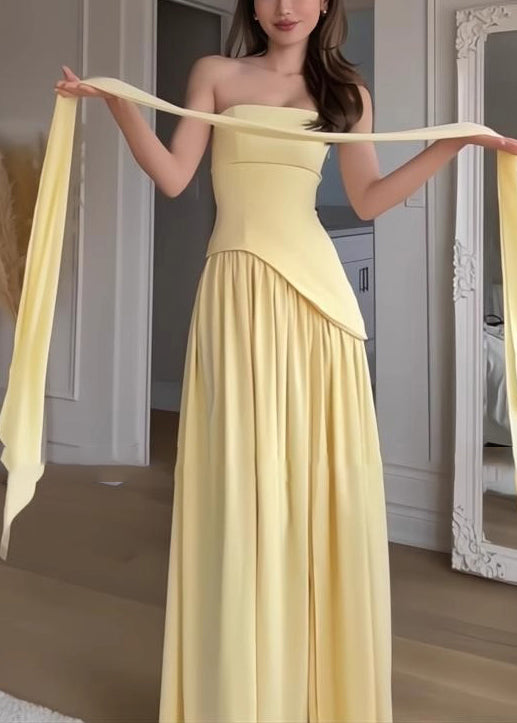 Sommer Französisch Gelb Seite Trägerlosen Patchwork Offenen Kleid