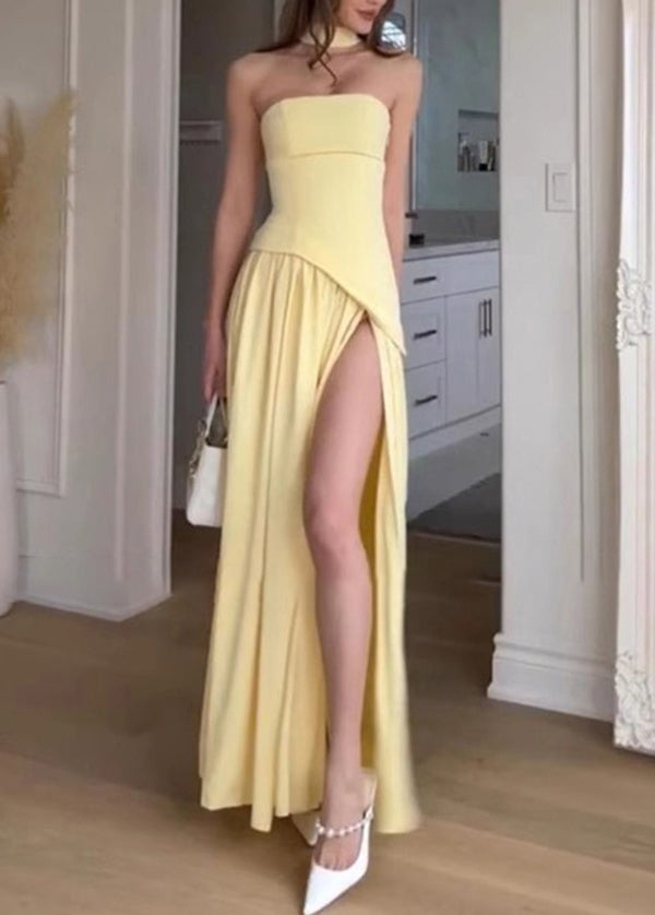 Sommer Französisch Gelb Seite Trägerlosen Patchwork Offenen Kleid