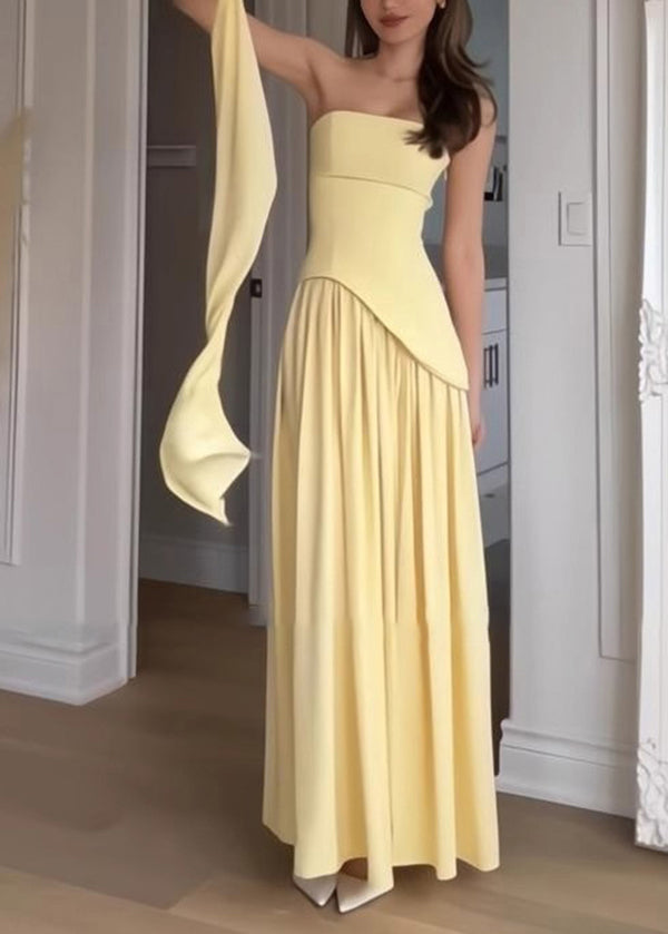 Sommer Französisch Gelb Seite Trägerlosen Patchwork Offenen Kleid