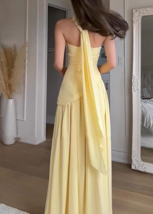 Sommer Französisch Gelb Seite Trägerlosen Patchwork Offenen Kleid