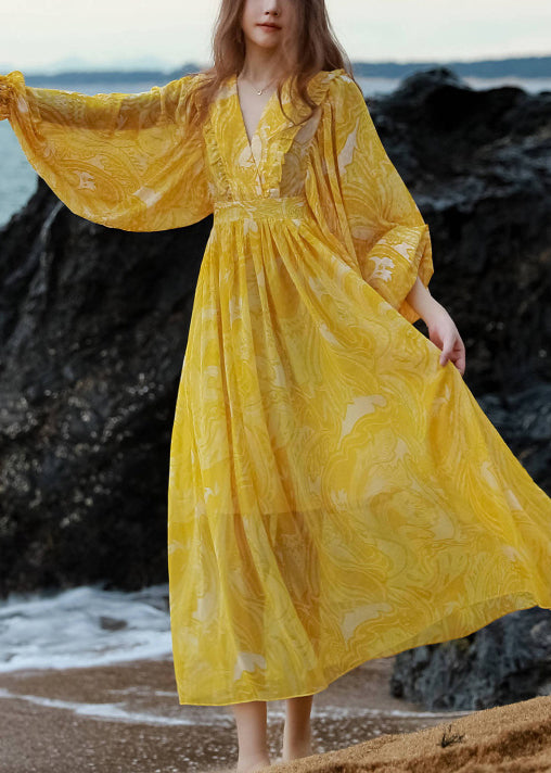 Taille Hals Maxi Print V Französisch Chiffon Laterne Gelb Kleider Krawatte