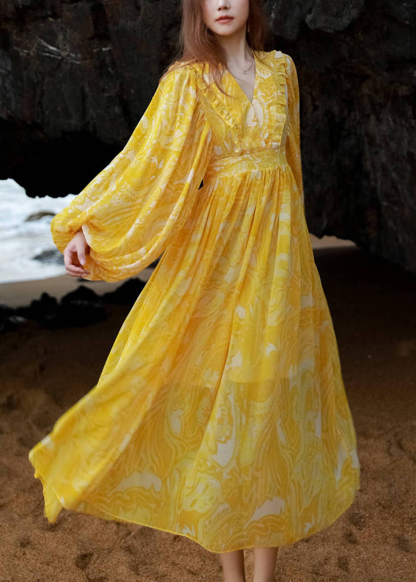 Taille Hals Maxi Print V Französisch Chiffon Laterne Gelb Kleider Krawatte