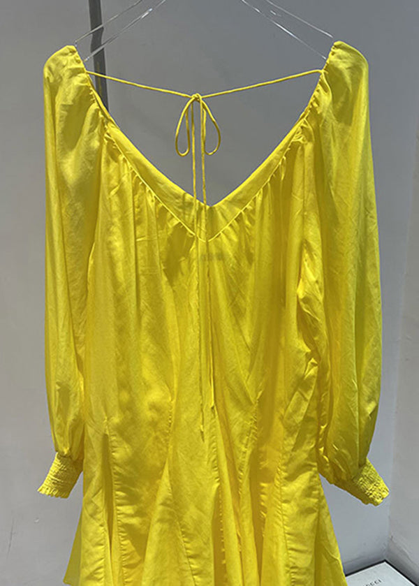 Französisches gelbes V-Ausschnitt Sexy Baumwoll-Mittelkleid Herbst RU017