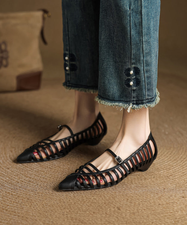 Sandales à épissure pointues en cuir doré creux et bout en cuir de vache