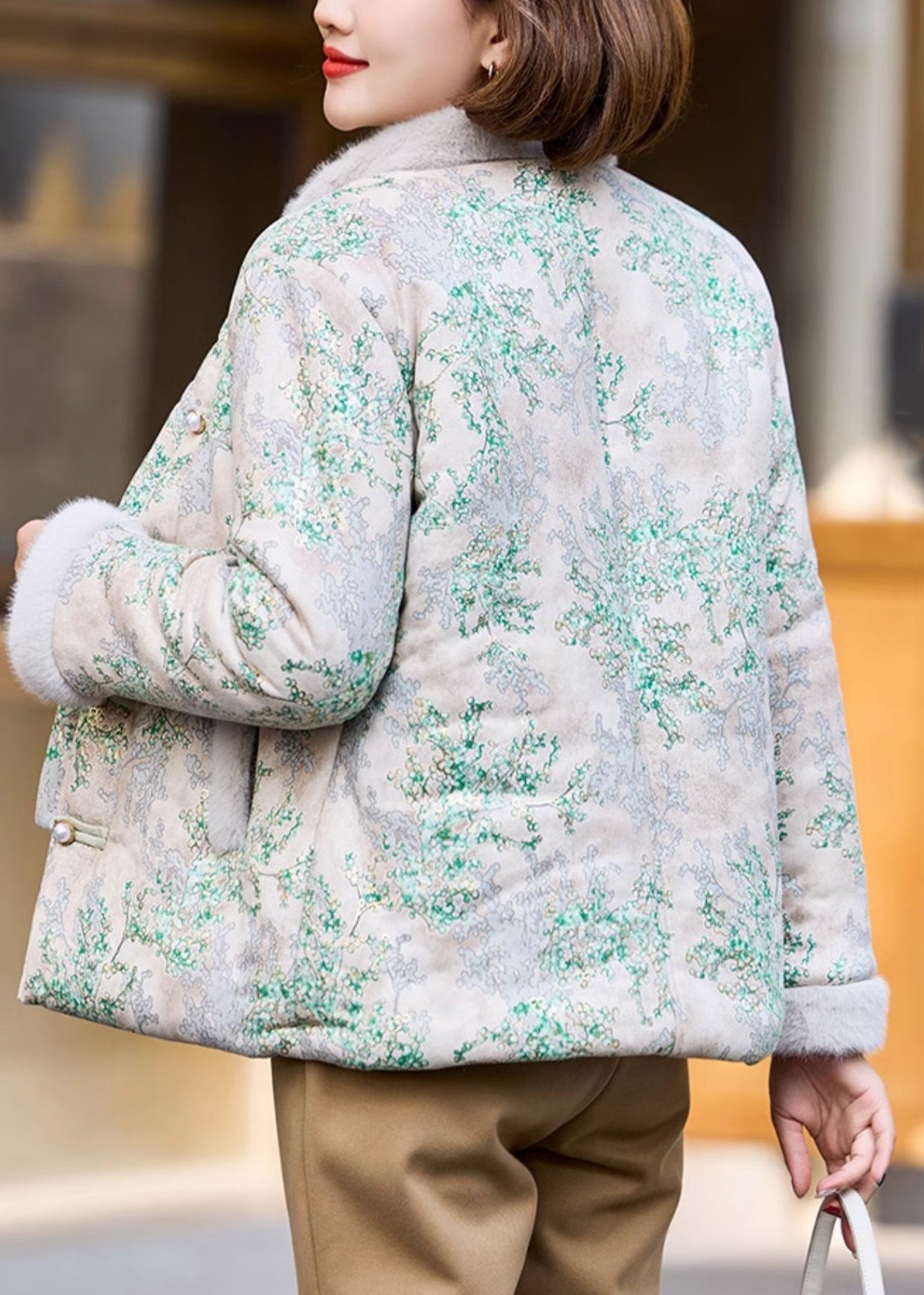 Grüne Knopftaschen Patchwork Warmes Fleece Stehkragen Winter RZ007