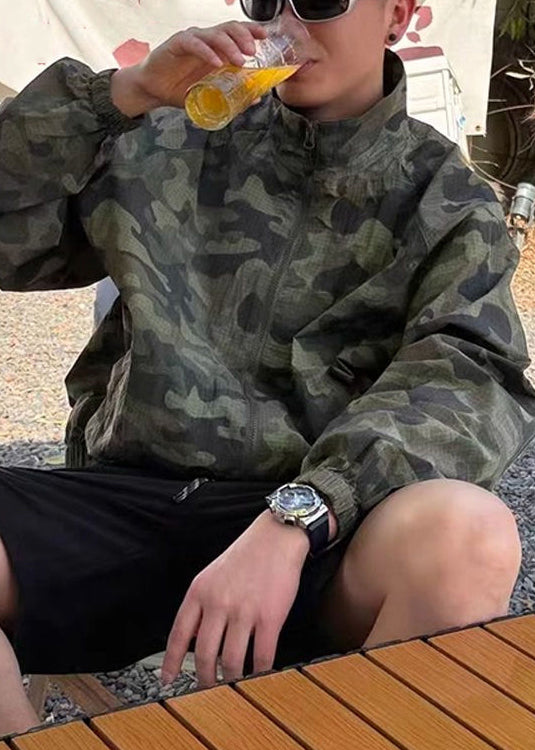 Manteau d'été en soie pour homme, col montant zippé, camouflage vert