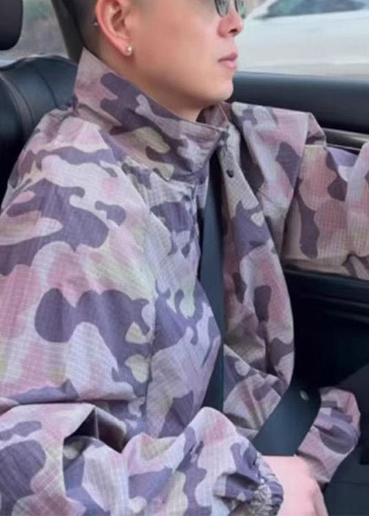 Manteau d'été en soie pour homme, col montant zippé, camouflage vert