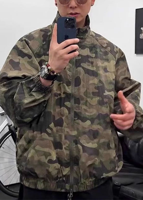 Manteau d'été en soie pour homme, col montant zippé, camouflage vert