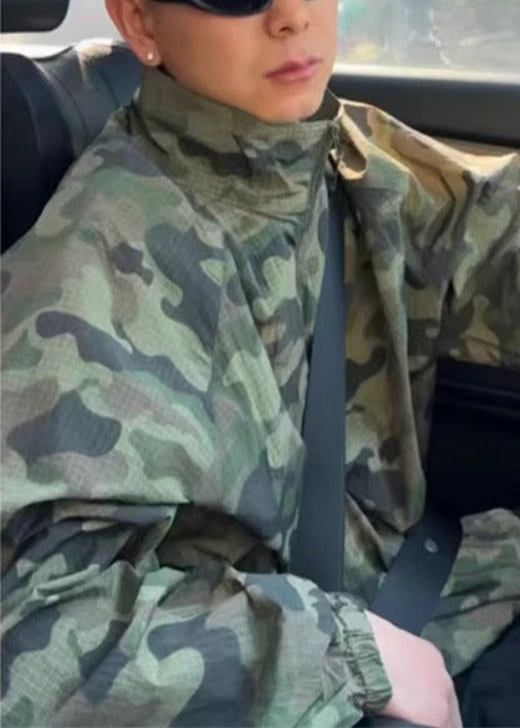 Manteau d'été en soie pour homme, col montant zippé, camouflage vert